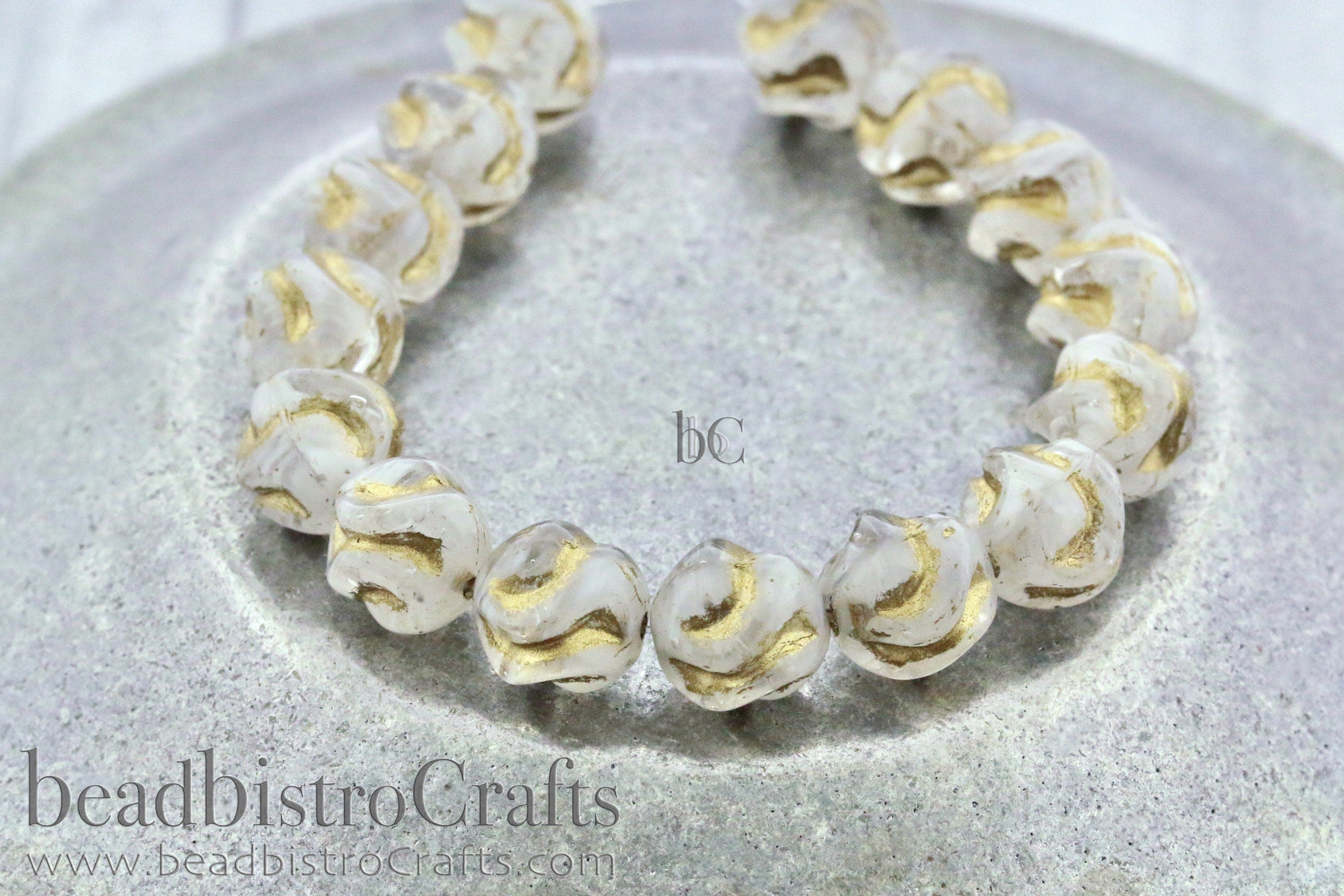 Love Knot Czech Beads - 15pcs Pressed Czech Glass Beads - CLOUDY WHITE with GOLD Wash * 8x8mm