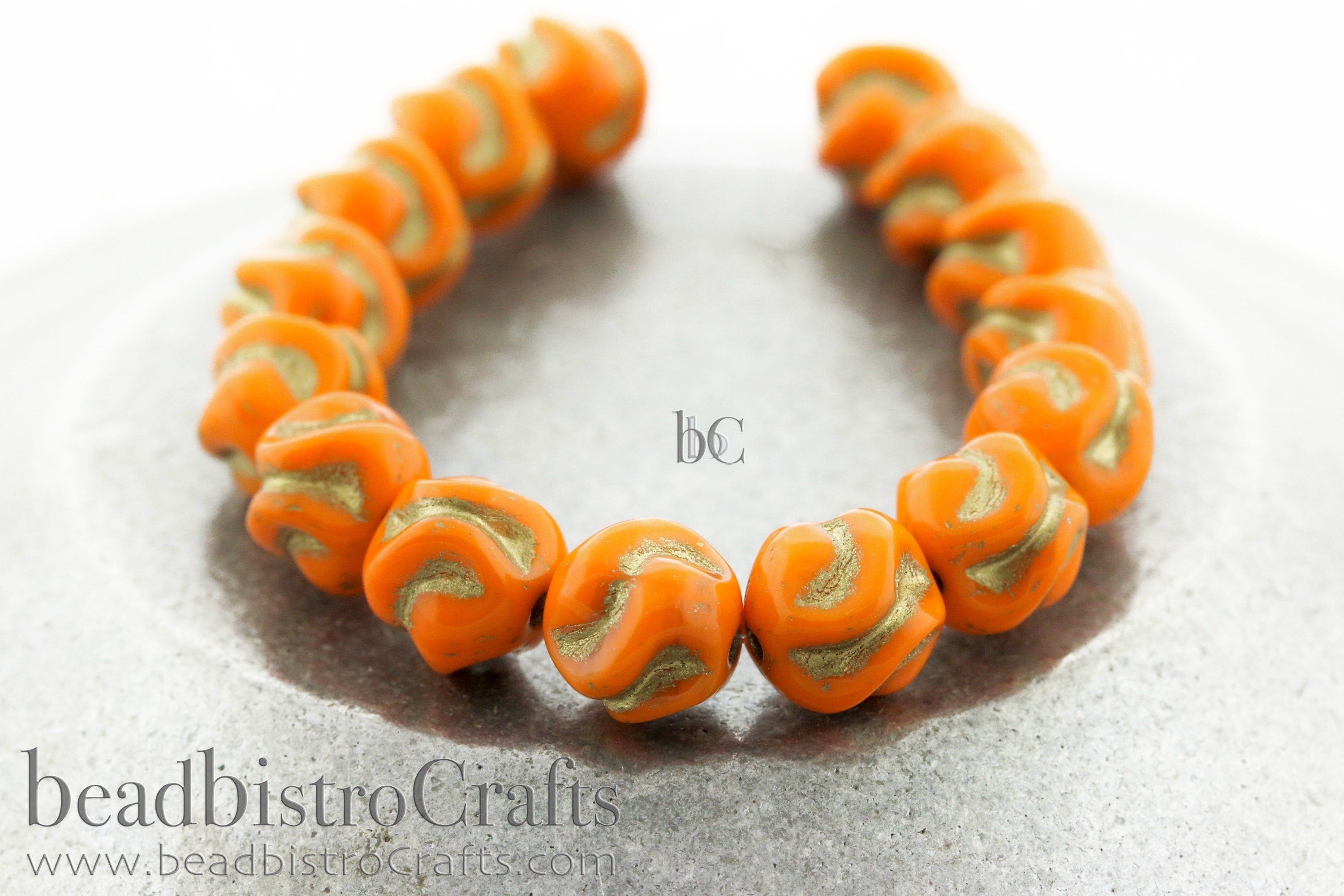 Love Knot Czech Beads - 15pcs Pressed Czech Glass Beads - Opaque Orange with GOLD Wash * 8x8mm